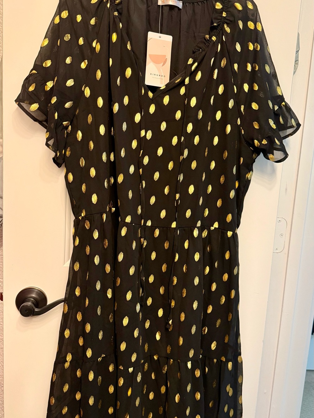 Black and gold ruffle short sleeve dress